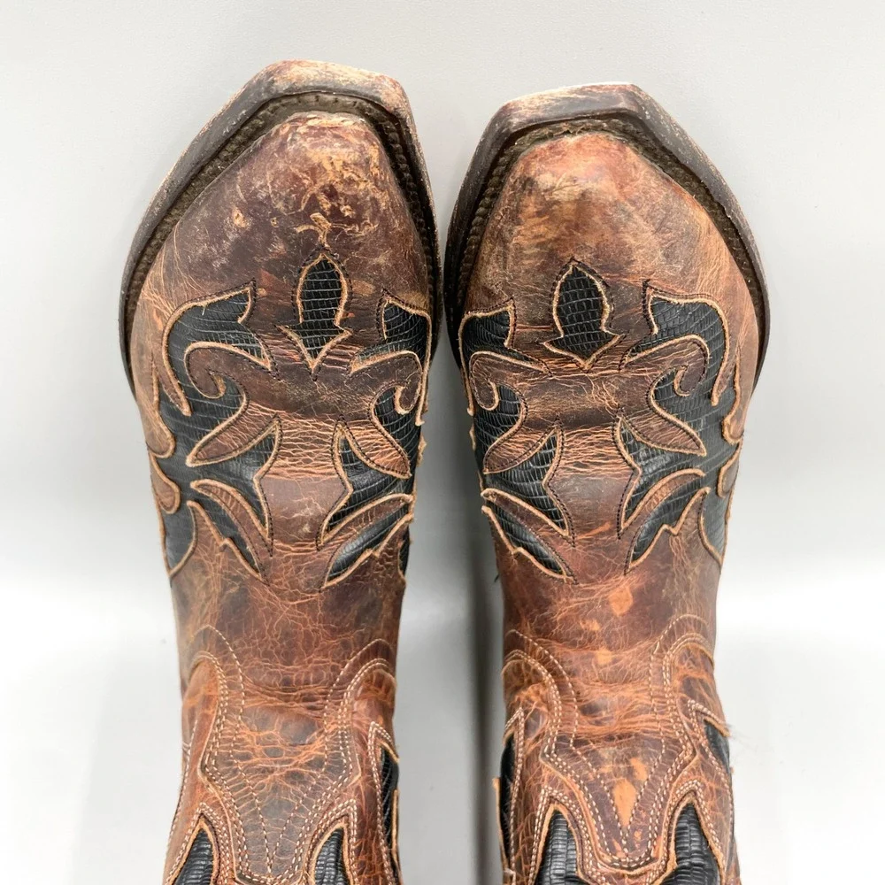 Johnny Ringo Womens 7 Brown Leather Black Lizard Inlay Western Cowboy Boots Boho